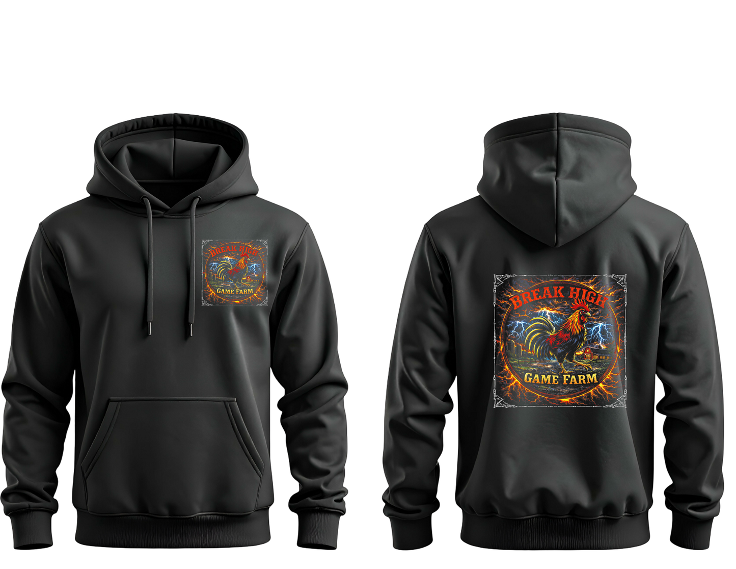 Break High Game Farm Black Knockout Hoodie – Rooster & Lightning Pullover