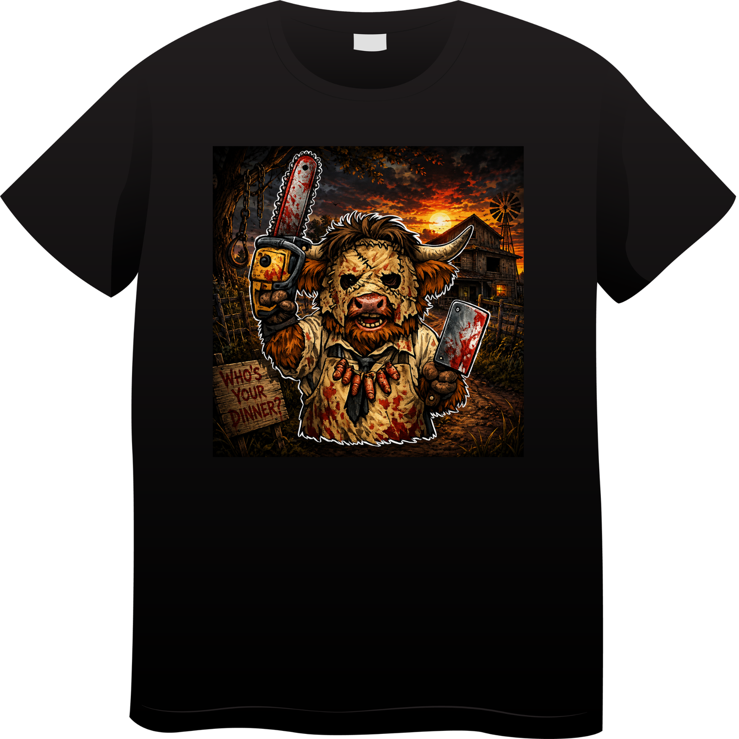 Who’s Your Dinner? Chainsaw Cow Horror Graphic T-Shirt