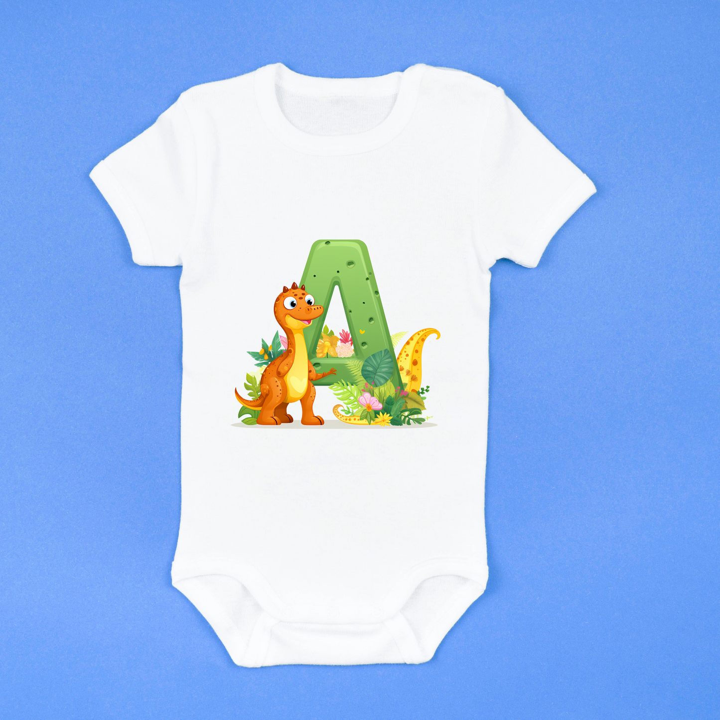 Personalized Dino Initial Baby Bodysuit - Cute Dinosaur & Alphabet