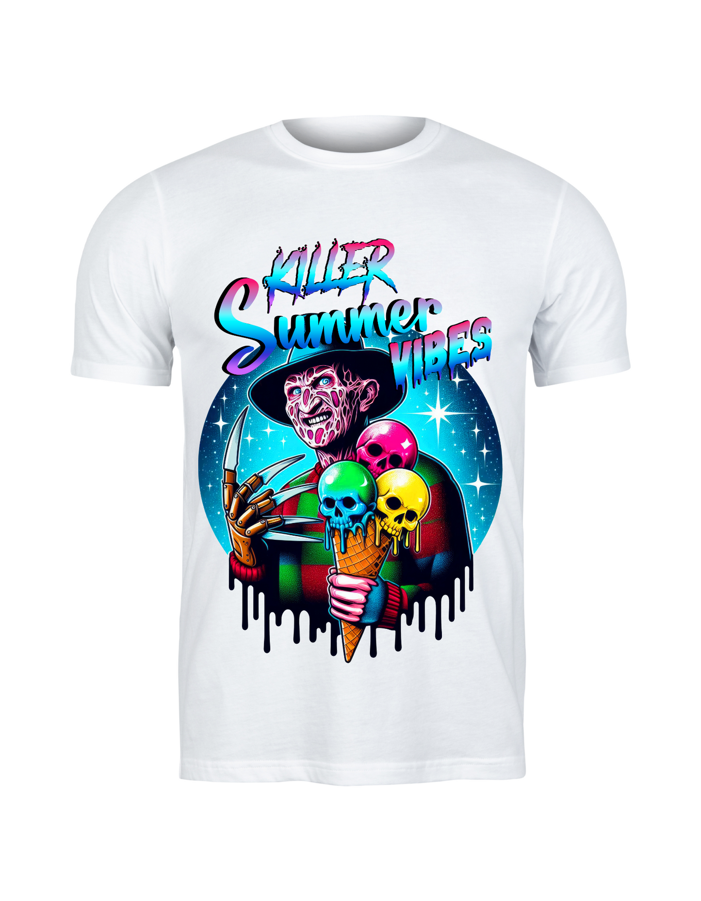 Killer Summer Vibes Graphic Tee – Horror Freddy Krueger Ice Cream Neon Art Shirt