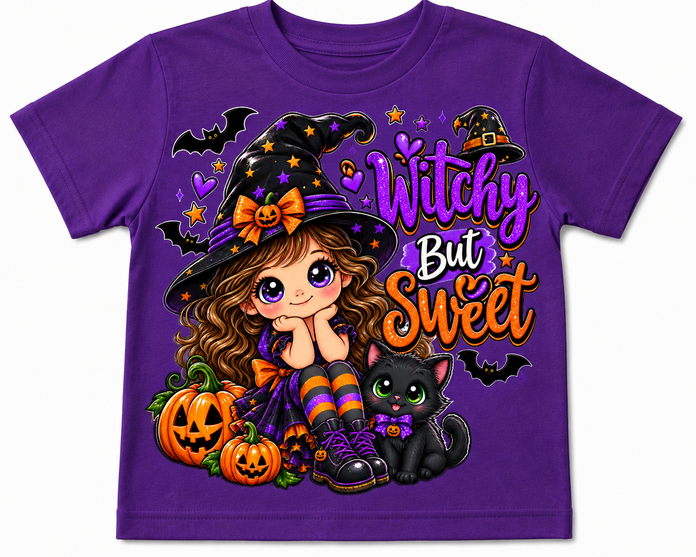 Witchy But Sweet Kids Halloween T-Shirt – Cute Witch & Black Cat Halloween Tee