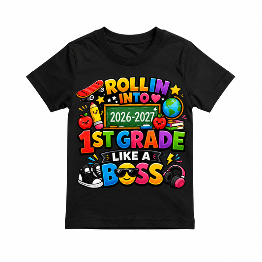 Rollin Into 1st Grade Like a Boss Shirt | First Day of School T-Shirt | 2026-2027 Back to School Shirt | Colorful Kids First Grade Tee