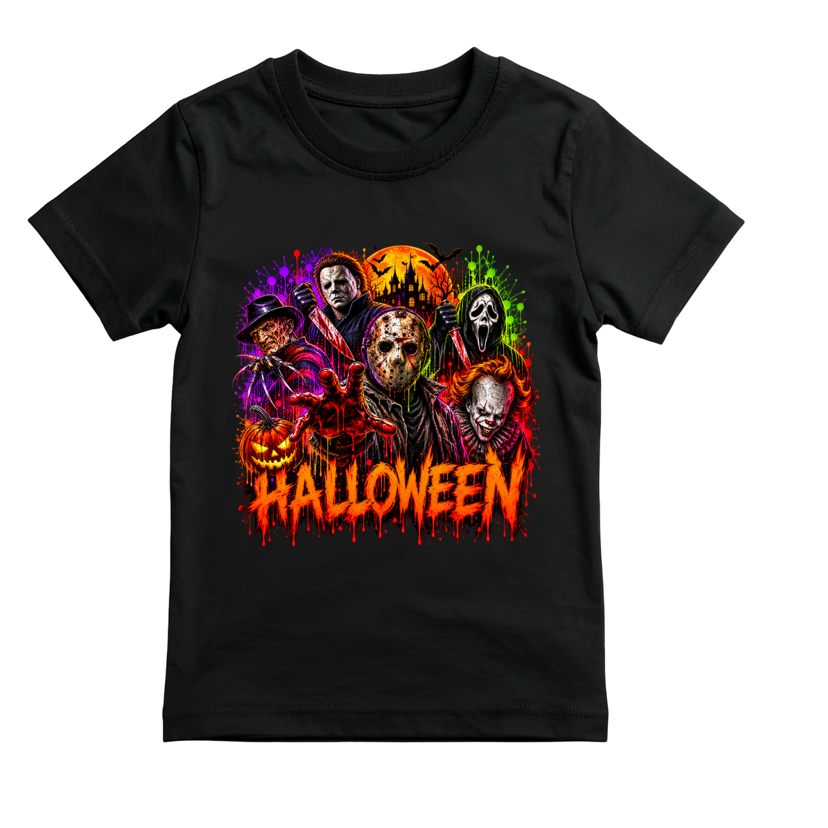 Colorful Horror Icons Halloween T-Shirt | Scary Movie Halloween Graphic Tee