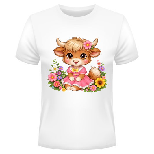 Cute Highland Cow Girl Shirt | Floral Cow Tee | Baby Cow in Dress | Cute Farm Animal Shirt