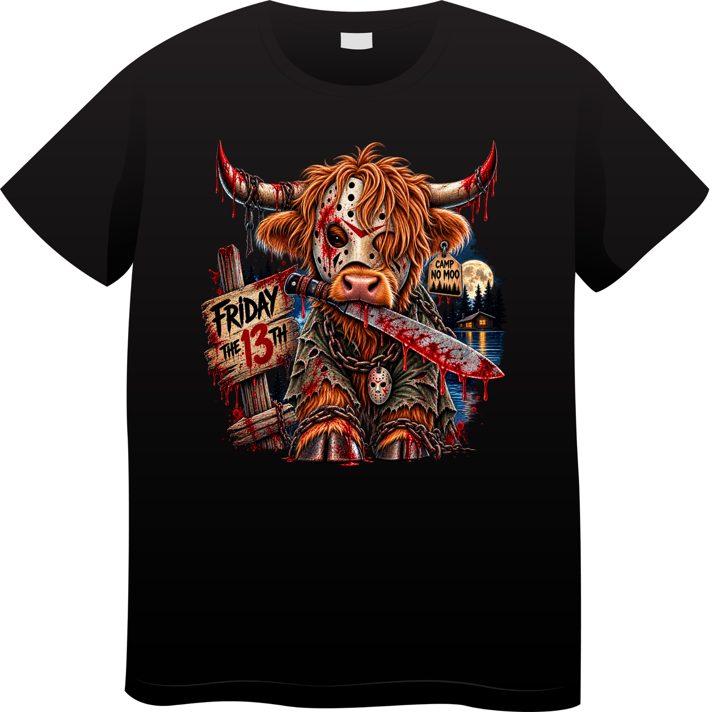 Camp No Moo Masked Cow Horror Graphic T-Shirt
