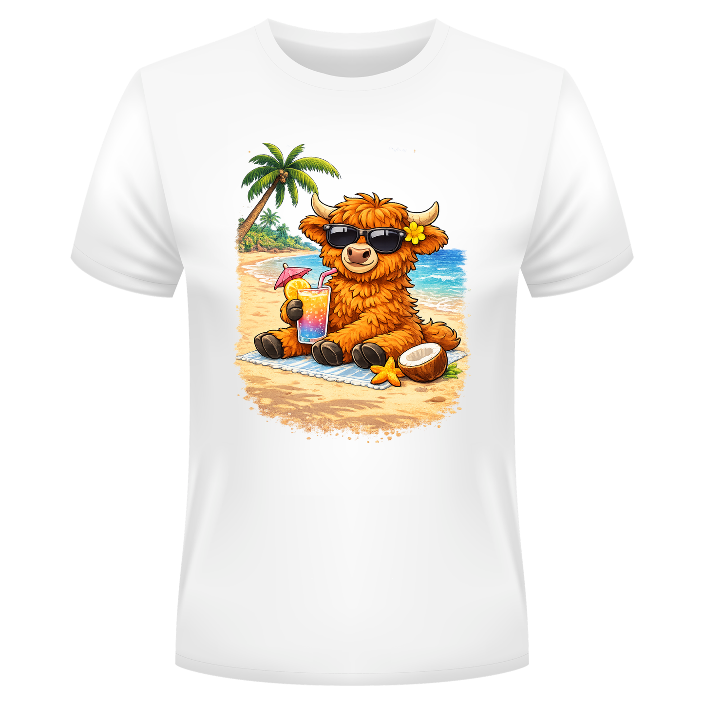Beach Highland Cow Shirt | Summer Vacation Cow Tee | Tropical Cow Graphic T-Shirt | Cute Cow With Sunglasses