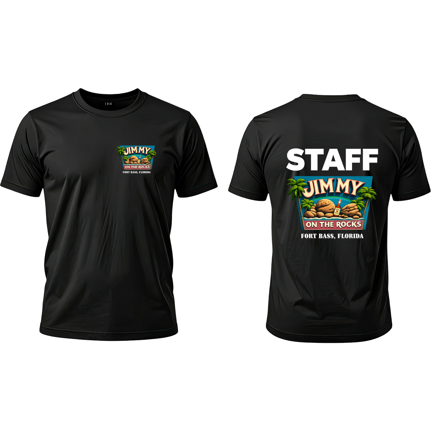 Jimmy On The Rocks Staff T-Shirt | Fort Bass, Florida | Unisex Graphic Tee | Tropical Beach Shirt