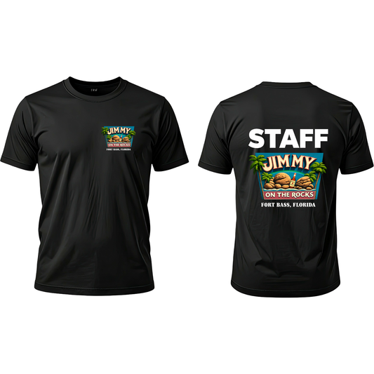 Jimmy On The Rocks Staff T-Shirt | Fort Bass, Florida | Unisex Graphic Tee | Tropical Beach Shirt