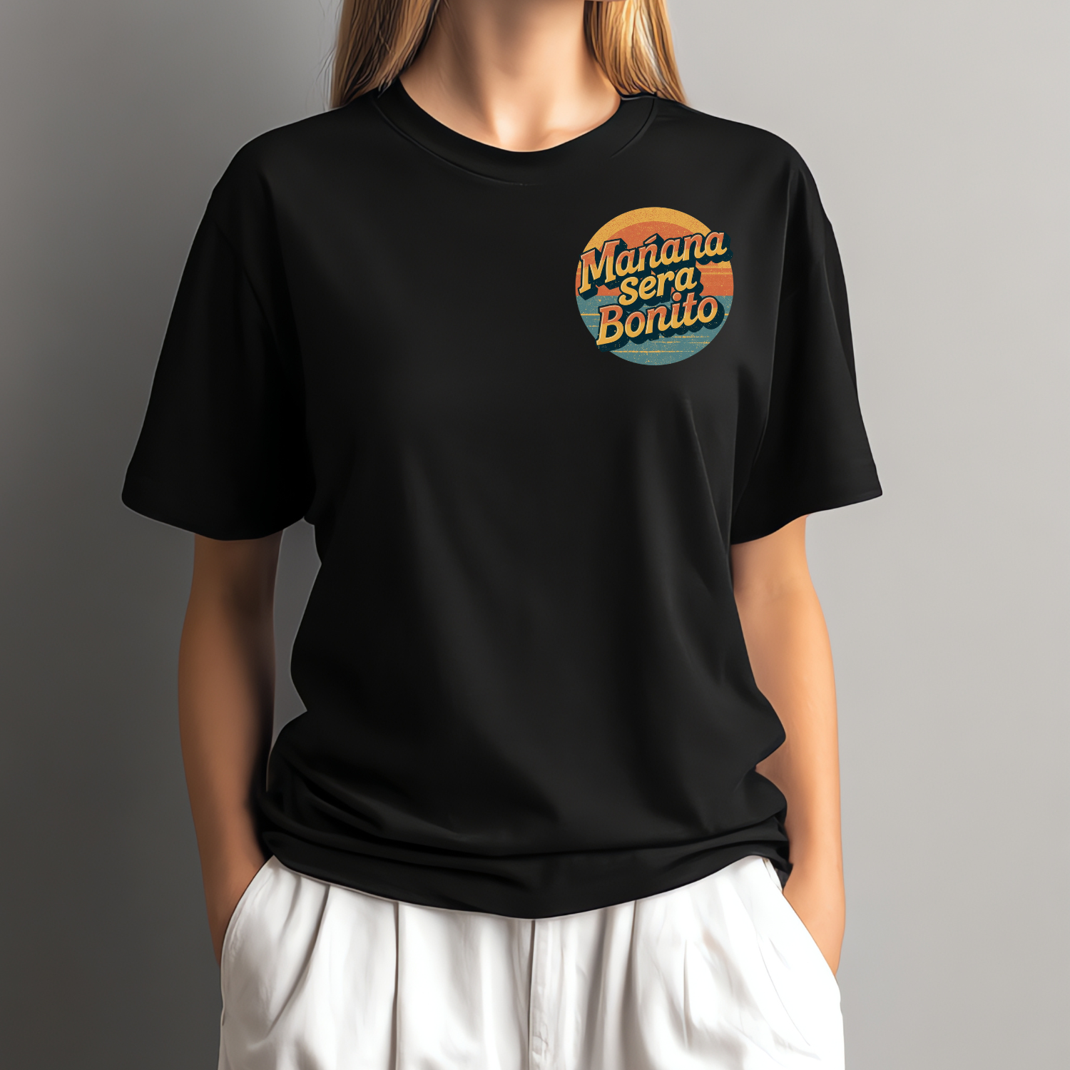 Model wearing a Mañana Será Bonito Spanish quote t-shirt, aesthetic minimalist design for women.