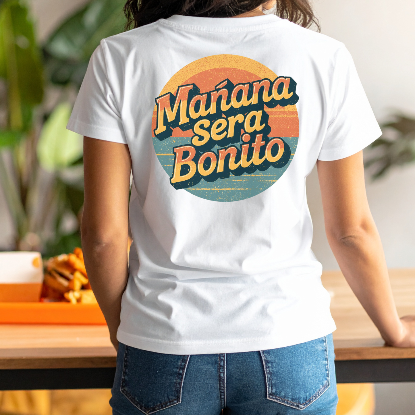 Model wearing a Mañana Será Bonito Spanish quote t-shirt, aesthetic minimalist design for women.