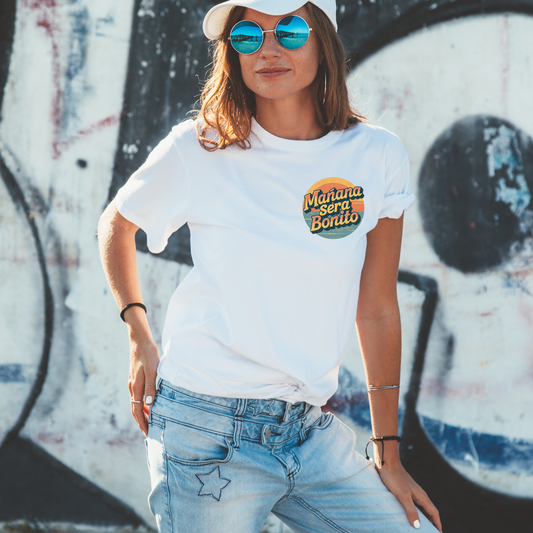 Model wearing a Mañana Será Bonito Spanish quote t-shirt, aesthetic minimalist design for women.