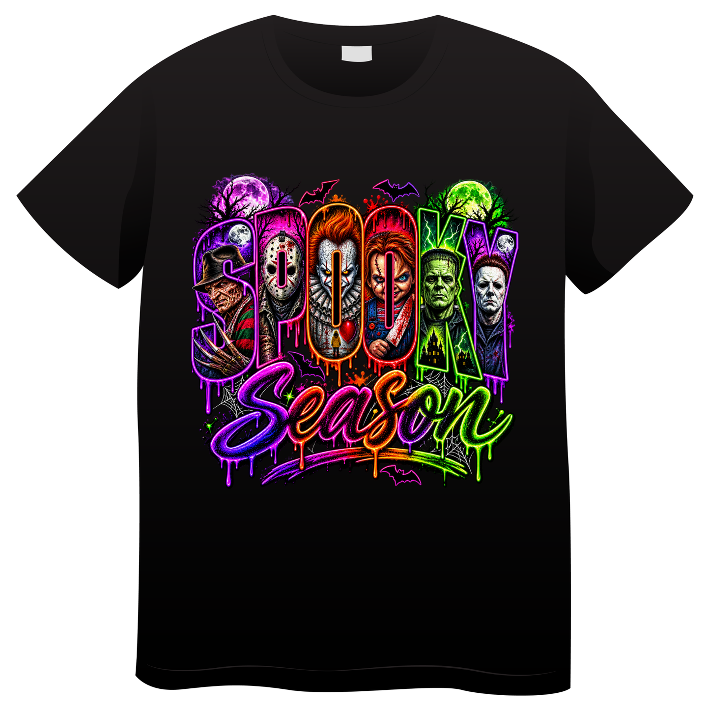 Spooky Season Horror Icons Halloween T-Shirt | Neon Scary Movie Inspired Tee