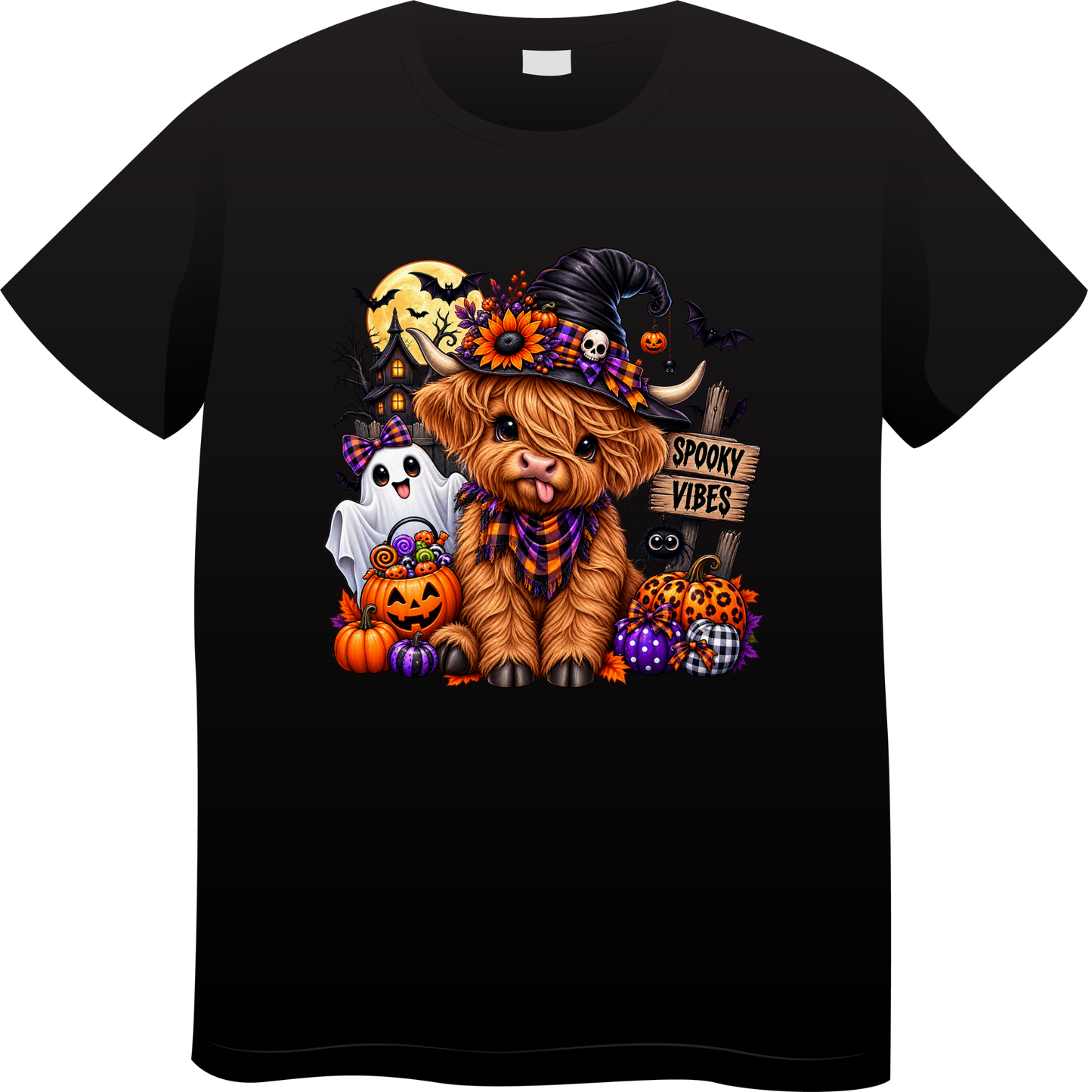 Spooky Vibes Cute Cow Halloween Graphic T-Shirt
