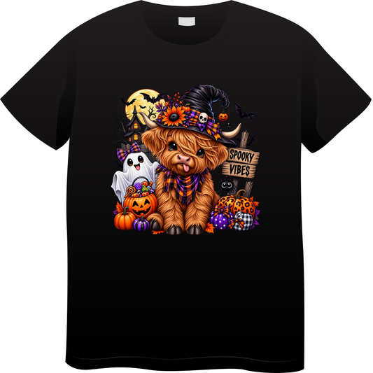 Spooky Vibes Highland Cow Halloween Kids T-Shirt – Cute Cow & Pumpkins