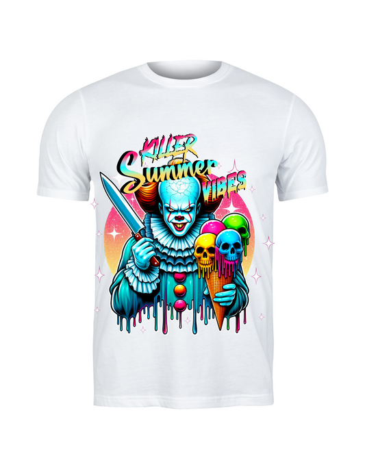 Killer Summer Vibes Graphic Tee – Pennywise Horror Ice Cream Neon Art Shirt