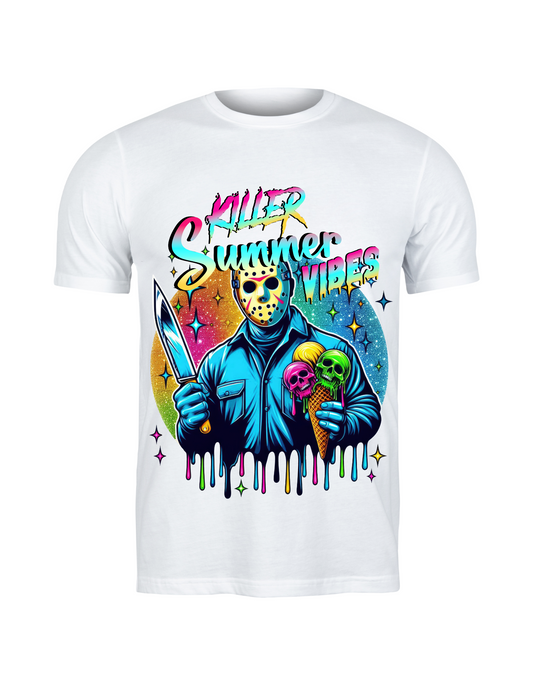 Killer Summer Vibes Jason Voorhees Graphic Tee – Horror Ice Cream Neon Art Shirt
