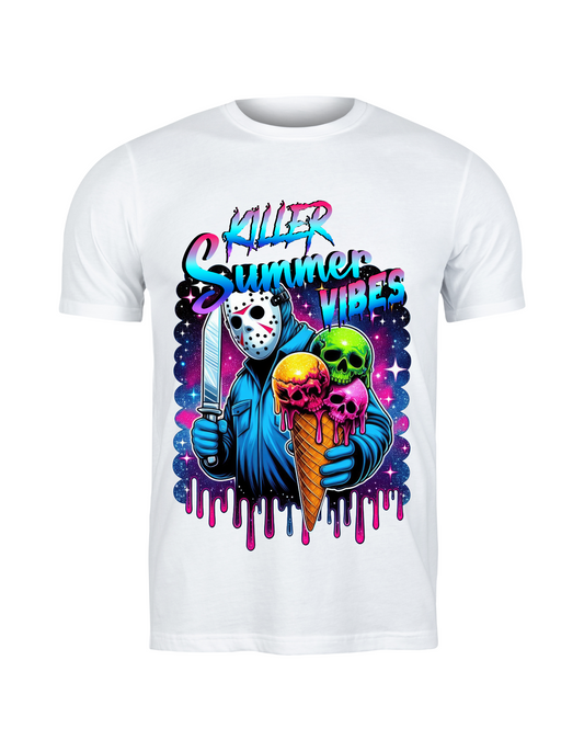 Killer Summer Vibes Graphic Tee – Jason Voorhees Horror Ice Cream Neon Art Shirt