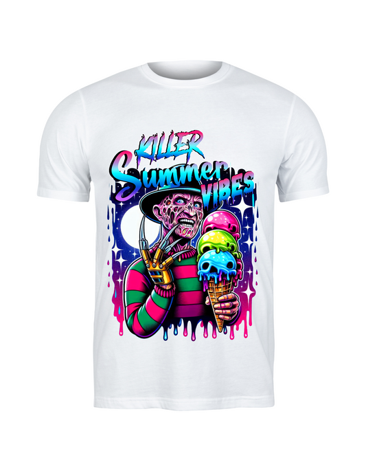 Killer Summer Vibes Freddy Kreuger Graphic Tee – Horror Ice Cream Neon Art Shirt