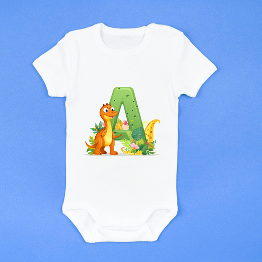 Personalized Dino Initial Baby Bodysuit - Cute Dinosaur & Alphabet