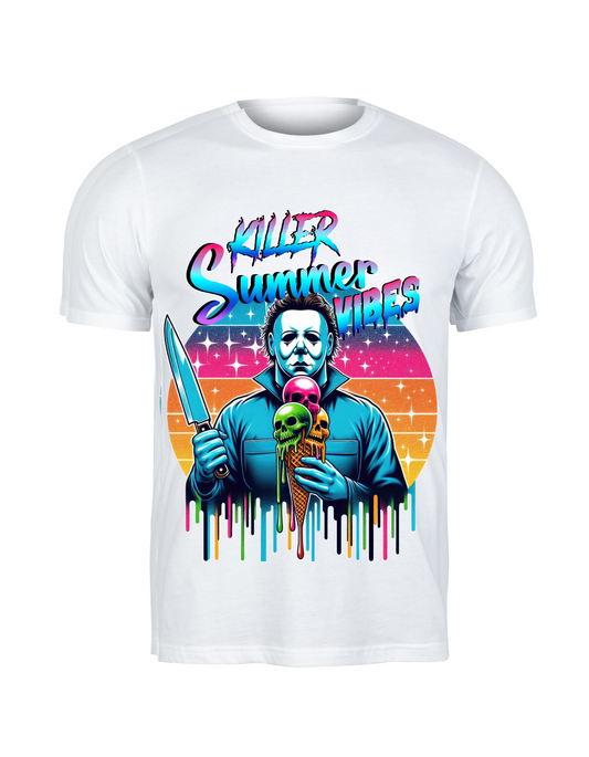Killer Summer Vibes Michael Myers Graphic Tee – Horror Ice Cream Neon Art Shirt