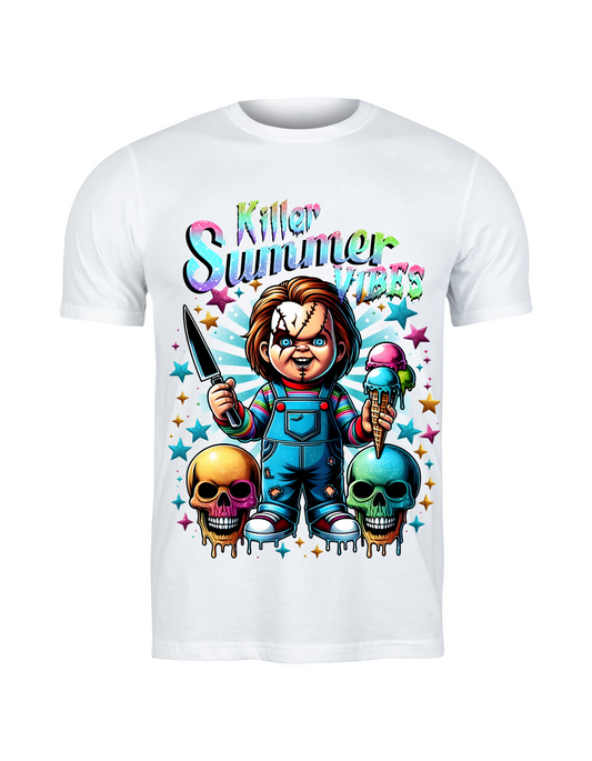 Killer Summer Vibes Chucky Graphic Tee – Horror Ice Cream Neon Art Shirt
