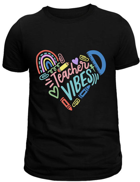 "Teacher Vibes" Heart with School Supplies Black T-Shirt
