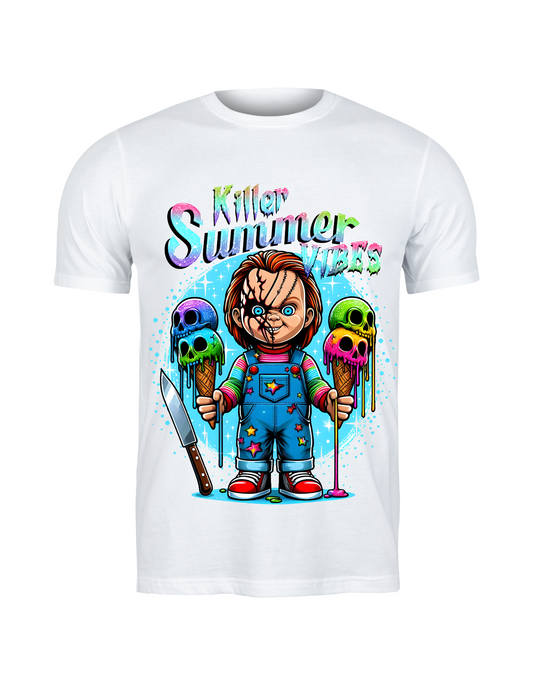 Killer Summer Vibes Graphic Tee – Chucky Horror Ice Cream Neon Art Shirt