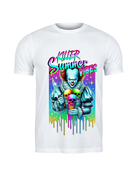 Killer Summer Vibes Pennywise Tee – Horror Ice Cream Neon Art Shirt